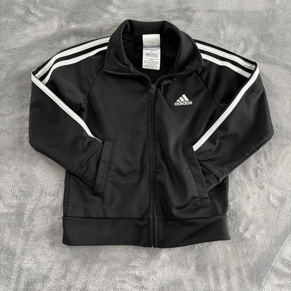 Adidas Track Jacket‎ Black & White Three Stripe Full Zip Coat Boys Size 4